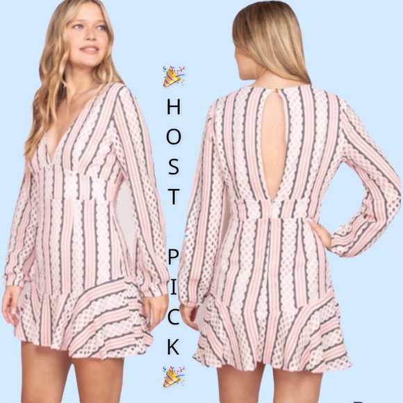 Dresses & Skirts - ❌DONATED❌Blush Pink Crochet Eyelets Striped Deep V Lined Dress